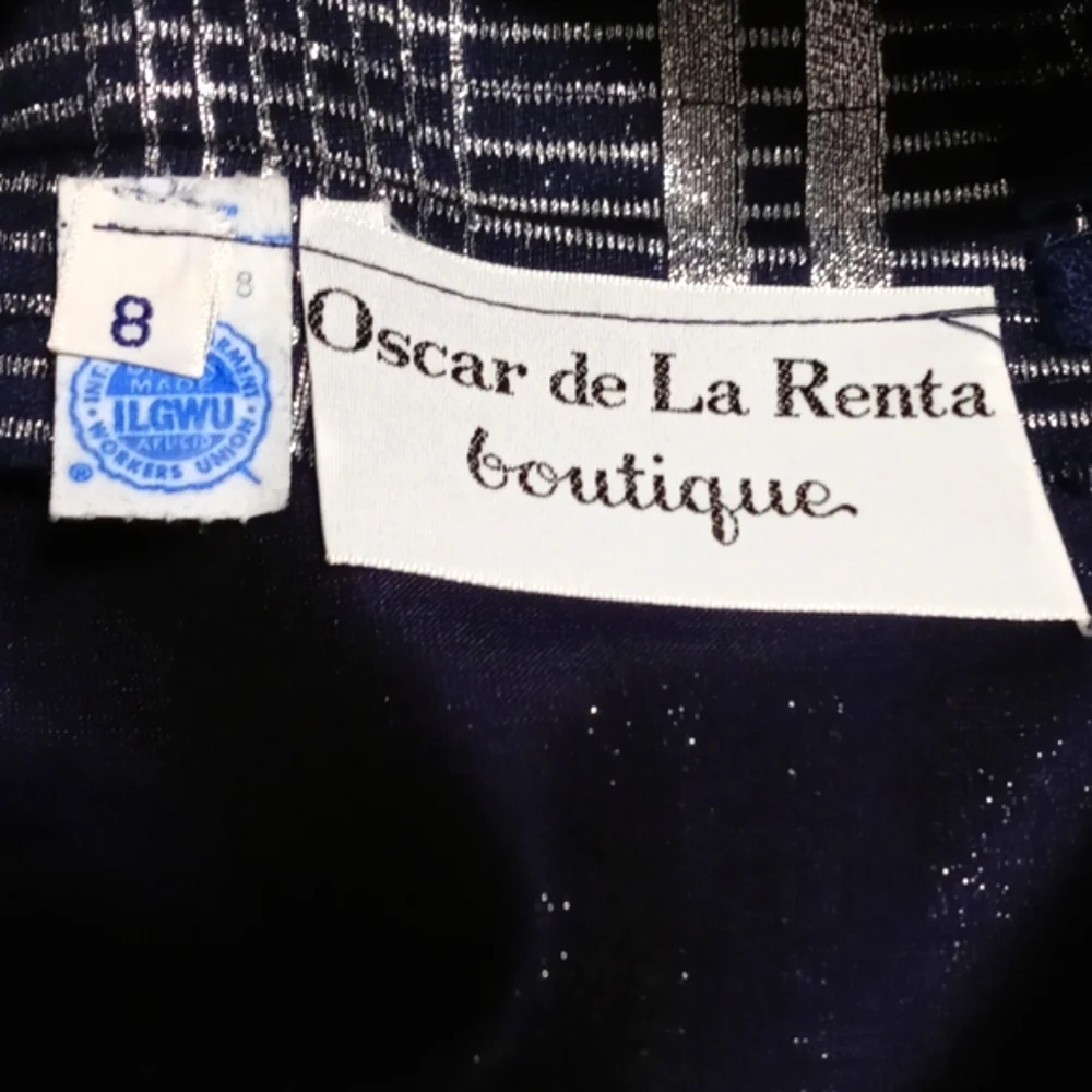 💙VTG 1960s Oscar de la Renta💙 - Navy Silk & Silver Metallic Plaid Mod Dress - Picture 3 of 16